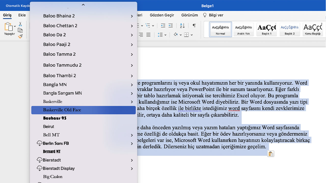 Microsoft Word dosyasında yazı tipi değiştirme